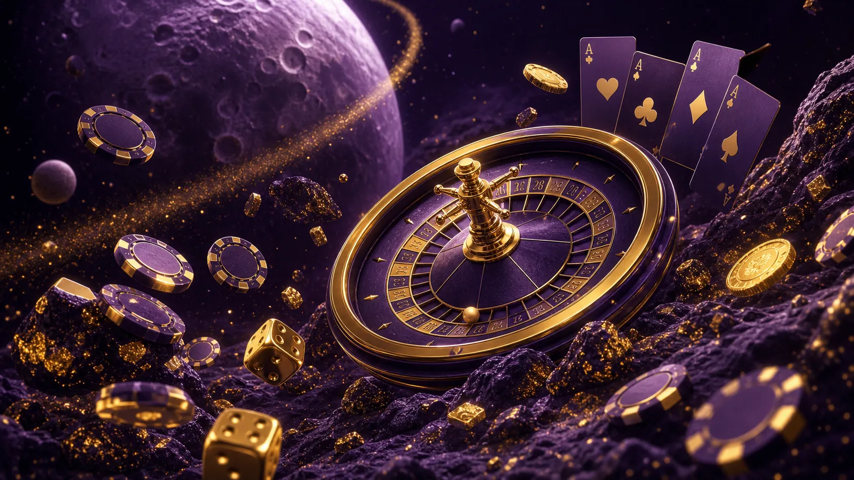 A cyberpunk hero banner for Lunarspins casino, featuring neon-lit poker chips and a roulette wheel in a futuristic setting wi
