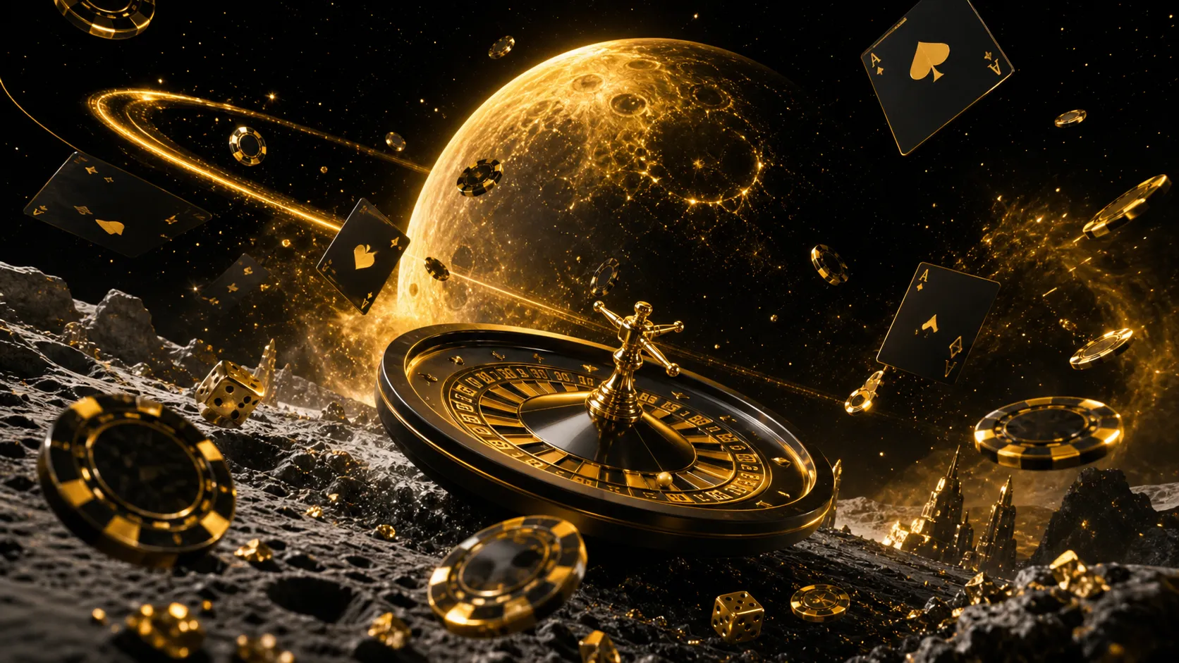 A stunning casino scene with a Lunar theme featuring glowing poker chips and a roulette wheel, embodying luxury and excitemen